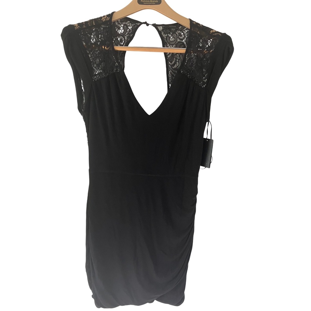 Guess Black Lace Open Back Ruched Bodycon Cocktail Party Dress size large